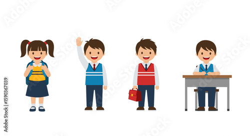 Illustration of four students in school uniforms in various poses and actions