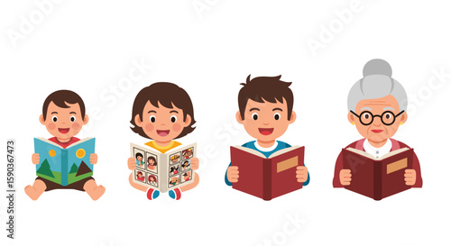 Illustration of people of different ages reading books in a seated position