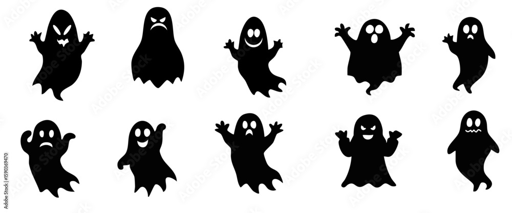 Obraz premium Scary Ghost Silhouette Collection – Halloween Vector Illustrations Isolated on Transparent