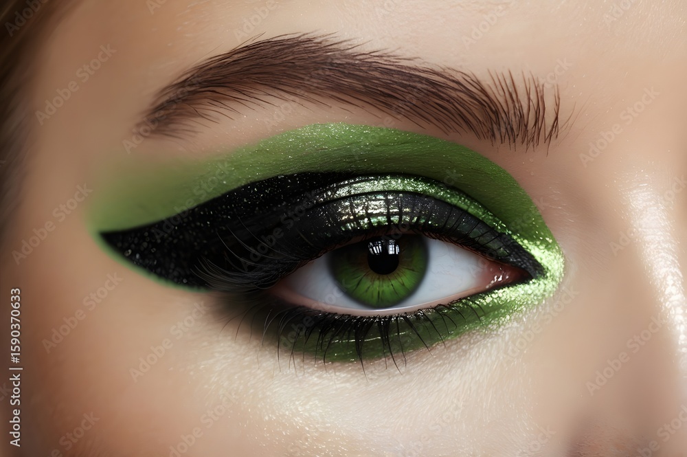 Naklejka premium Green eyes woman, black makeup eye shadow macro
