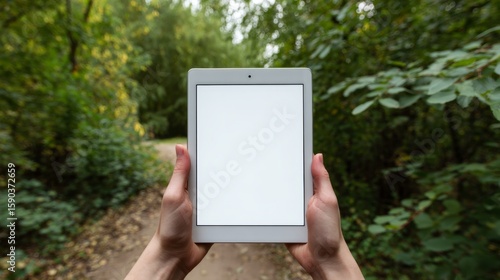 Two hands hold a tablet with a blank screen in a lush green forest