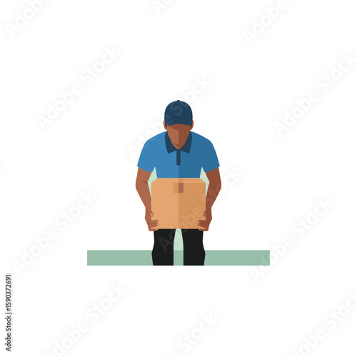 Professional delivery person wearing a blue uniform and cap handling a cardboard package safely.