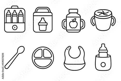 Baby feeding outline icon set. bottle, bib, spoon, baby food, and more