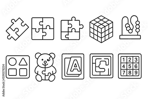 Puzzle and learning toy icon set: educational, outline style for kids