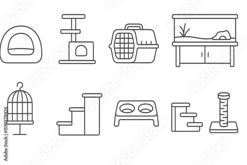 Pet supplies outline icon set. animal accessories, cage, carrier, aquarium icons