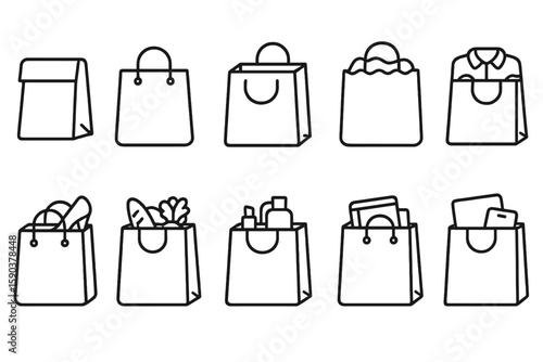 Shopping bags outline icon set. retail, commerce, and market outline icons collection