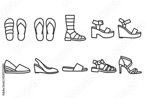 Footwear, sandals outline icon set. shoes, flats, heels collection in linear style