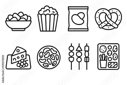 Snack food outline icon set. chips, popcorn, pretzels, nuts, cheese