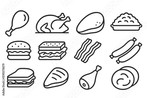 Food and meat outline icon set. chicken, burger, bacon, sausage in line collection