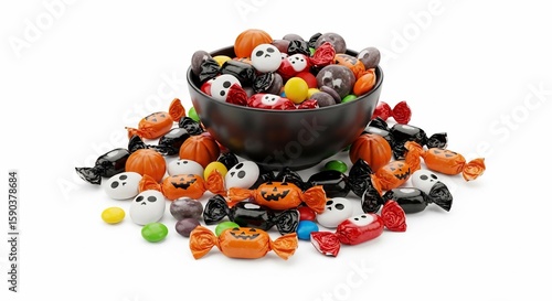 Halloween candy bowl trick or treat sweets assortment halloween party festive treats isolated white background