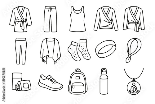 Yoga essentials outline icon set. clothing, gear, and accessories line collection