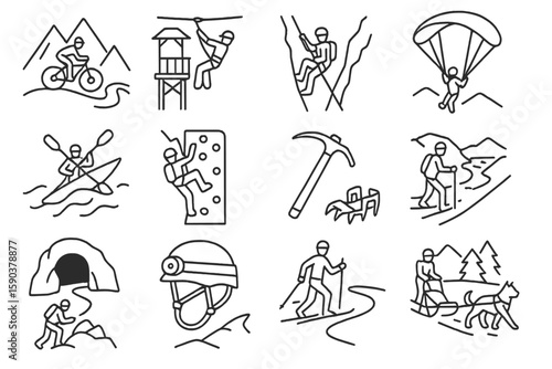 Outdoor adventure line icon set. hiking, climbing, kayaking, paragliding line icons