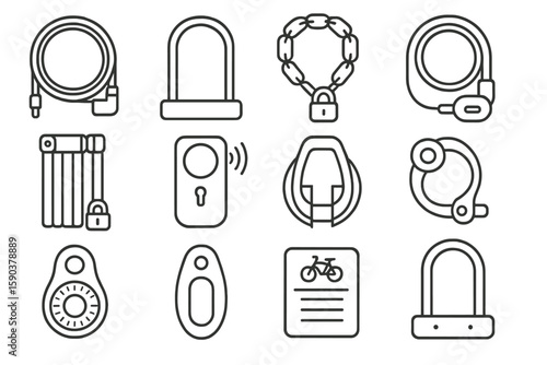 Bicycle security line icon set. essential bike locks, chains, padlock outlines