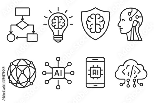 Artificial intelligence linear icon set. neural networks, ai technology outline collection