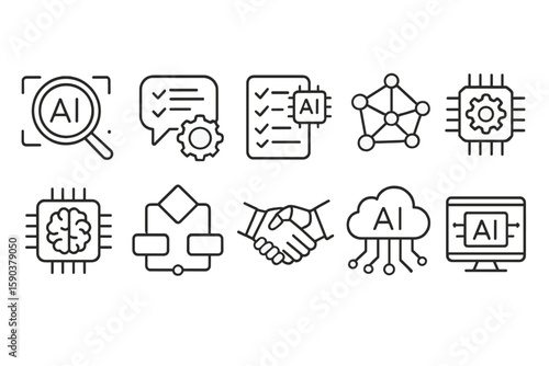Ai and technology line icon set. machine learning, data analysis, tech innovation icons