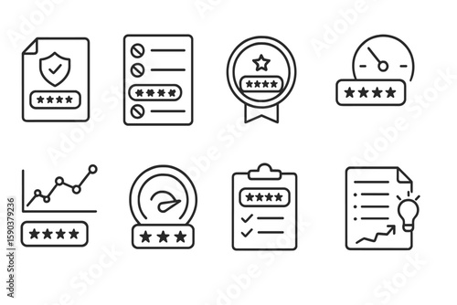 Review and feedback outline icon set. ratings, evaluation, quality assurance icons