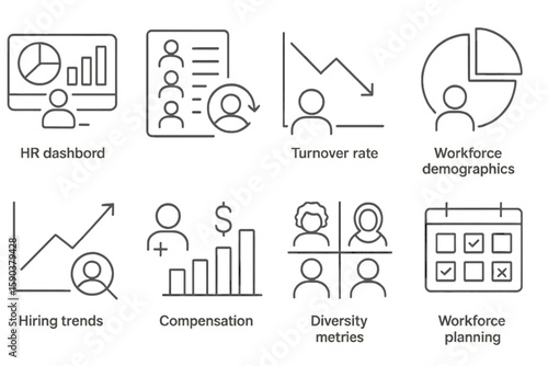 Hr analytics line icon set. workforce metrics, hiring trends, compensation symbols