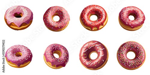 Multiple vector illustrations of delicately drawn strawberry doughnuts

