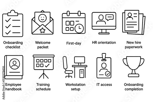 Employee onboarding linear icon set. hr, paperwork, training line icons collection