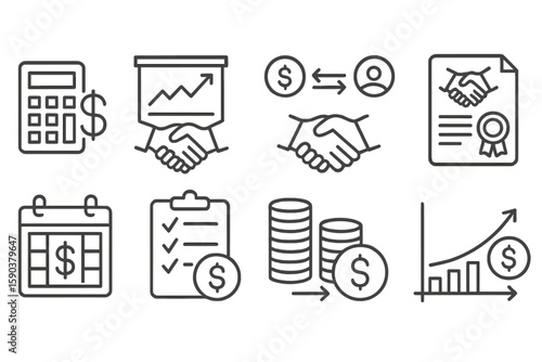 Finance, business outline icon set. money, investment, economy line art collection