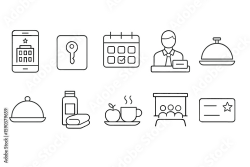 Hotel booking line icon set. reservation, check-in, hospitality outline collection