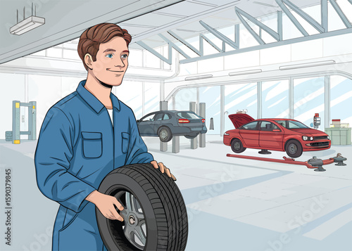 Automotive tire service mechanic holding wheel in auto repair shop for car maintenance and vehicle inspection