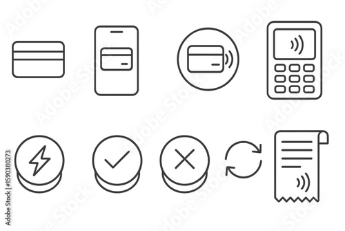 Payment and transaction line icon set. financial, banking, mobile, contactless icons