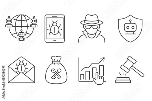 Cybersecurity, malware line icon set. hacking, threat protection icons outline collection
