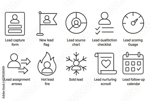 Sales and marketing line icon set: lead management icons in outline style