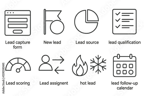 Lead management icon set: flat, essential icons for business and marketing