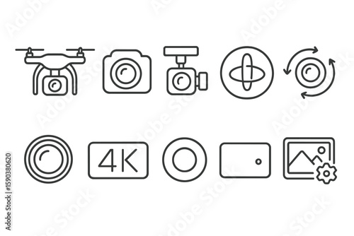 Photography equipment outline icon set. cameras, drones, lenses outline collection