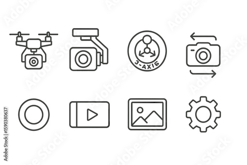 Photography, videography line icon set: cameras, drones, and media equipment icons