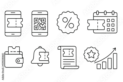 Ticketing and event outline icon set. admission, qr, calendar symbols