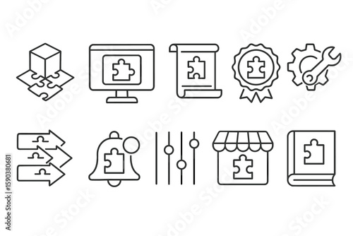 Puzzle, solution linear icon set. strategy, problem solving icons line collection