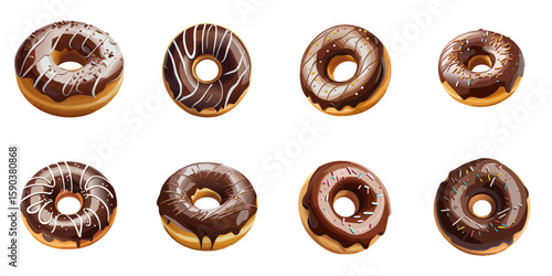 Multiple vector illustrations of delicately drawn chocolate doughnuts

