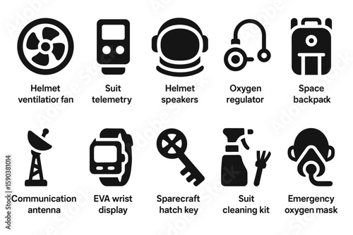 Space exploration filled icon set. astronaut, equipment, suit, helmet icons collection