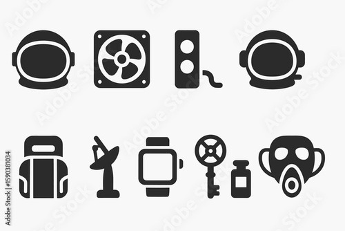 Space exploration solid icon set. futuristic technology, astronaut symbols solid pack