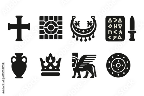 Ancient history silhouette icon set. symbols, artifacts, mythology silhouette collection
