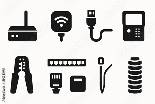 Technology, networking solid icon set. gadgets, connectivity symbols solid collection