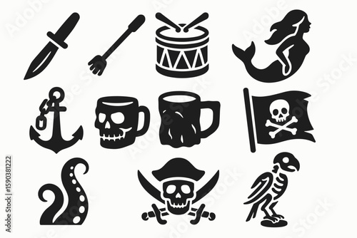 Pirate silhouette icon set: nautical adventure and treasures silhouette collection