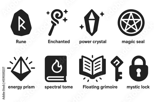 Magic and mystical solid icon set. enchanted, rune, crystal icon collection for themes