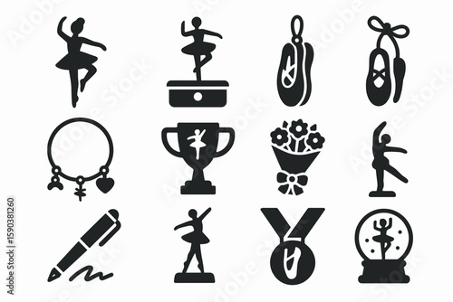 Dance, ballet silhouette icon set. performance, award, ballerina, shoes, trophy icons