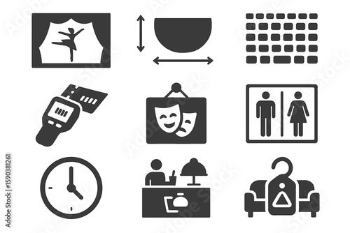 Theater, performance solid icon set. ticket, stage elements in solid style