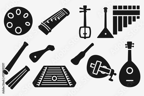 Musical instrument silhouette icon set. string, percussion, woodwind icons collection