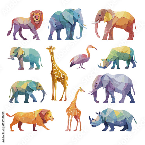 Photography set of animals elephant lion watercolor