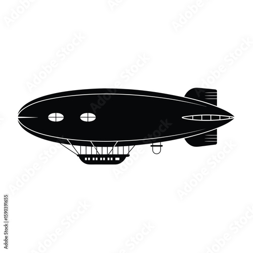 Classic black silhouette of a vintage airship or blimp with gondola and windows