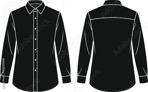 Front and back view of a classic black long sleeve button down shirt