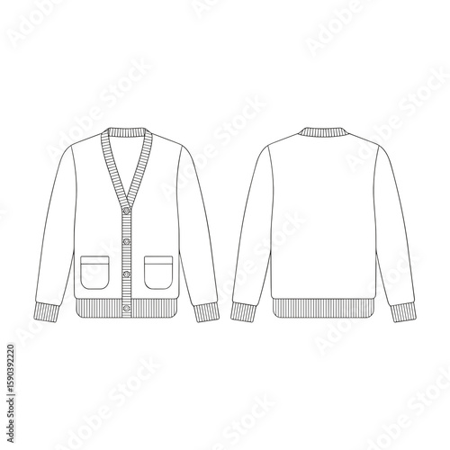 Technical drawing of a flat cardigan sweater template  