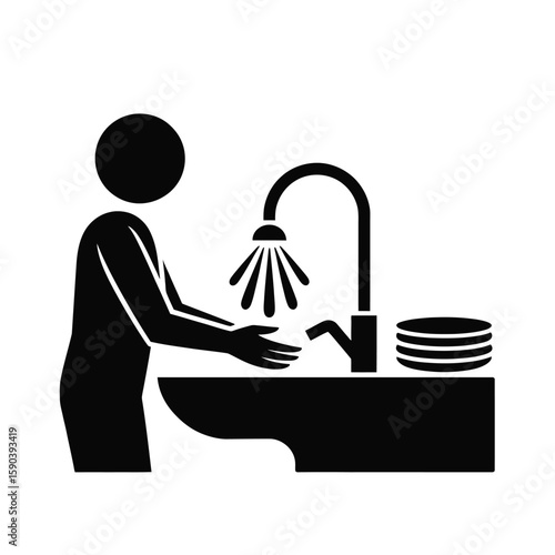 Person washing hands under a faucet with running water and stack of plates