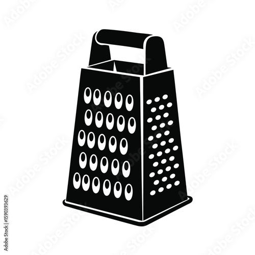 Black and white illustration of a four sided kitchen grater with a handle